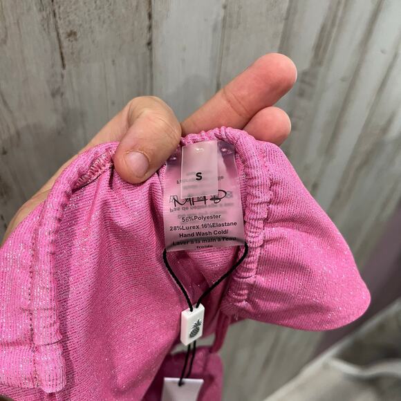 New! Monica Hansen MHB Revolve Lurex Side Tie Cheeky Bikini Bottom Pink S - Picture 3 of 4